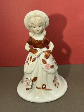 Woolbro Vtg Porcelain Girl Figurine Bell Brown 3D Flowers Taiwan Rare